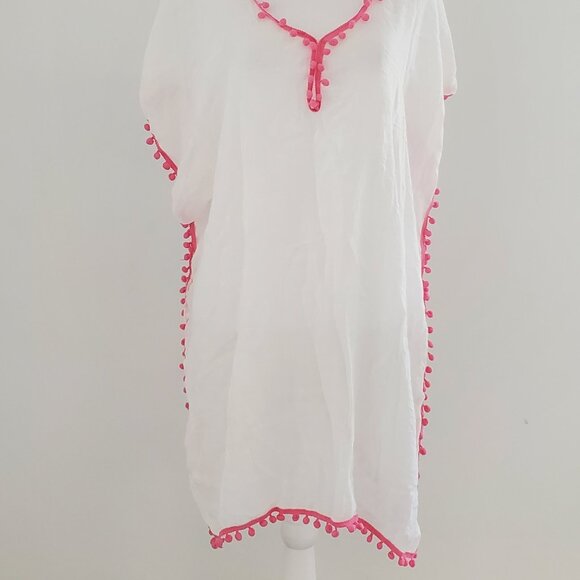 Swimsuit Cover Up Beach Cover Up Poncho Bauble Trim Soft Gauzy White boho casual - Picture 2 of 7